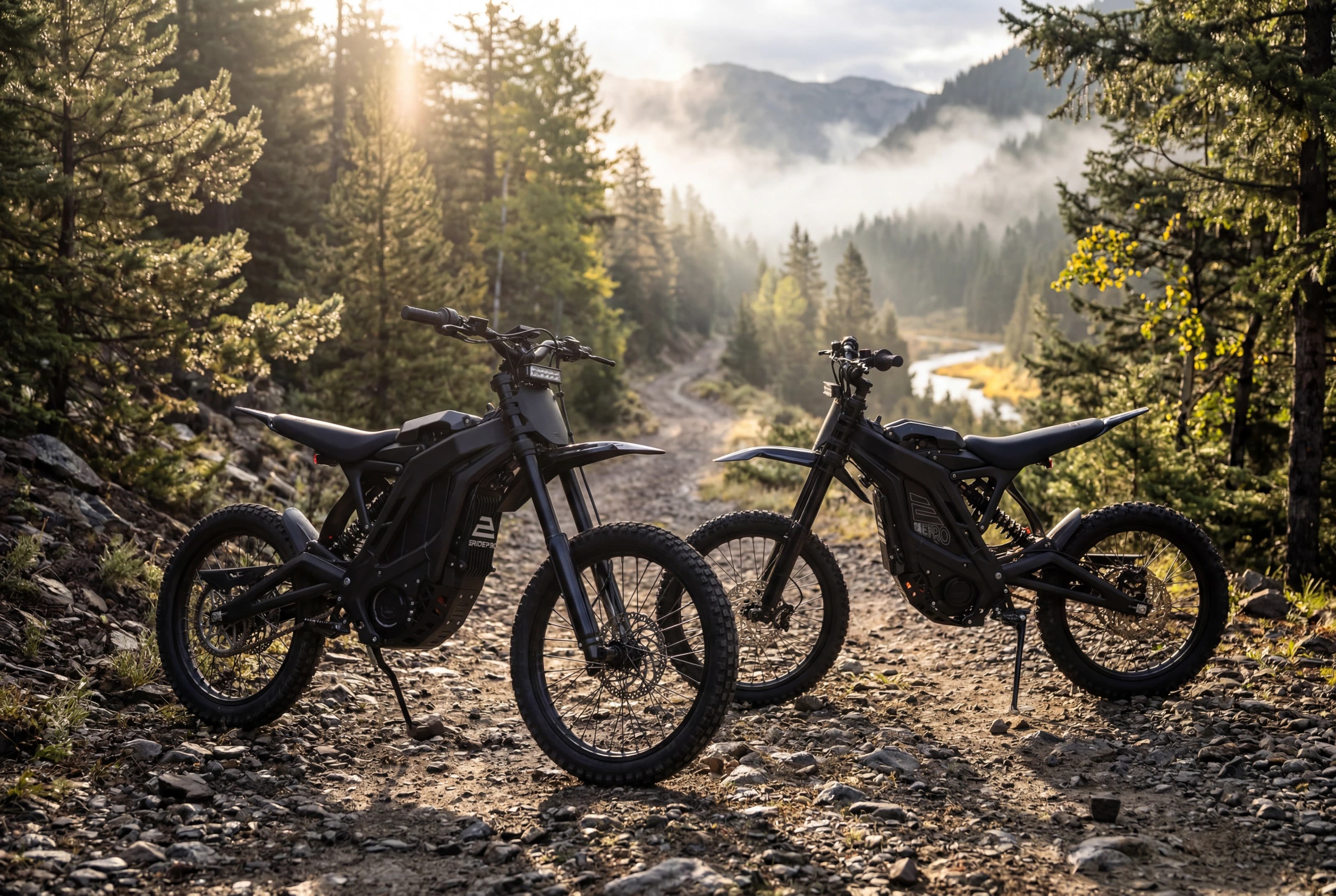 Two black electric dirt bikes parked on a mountain trail