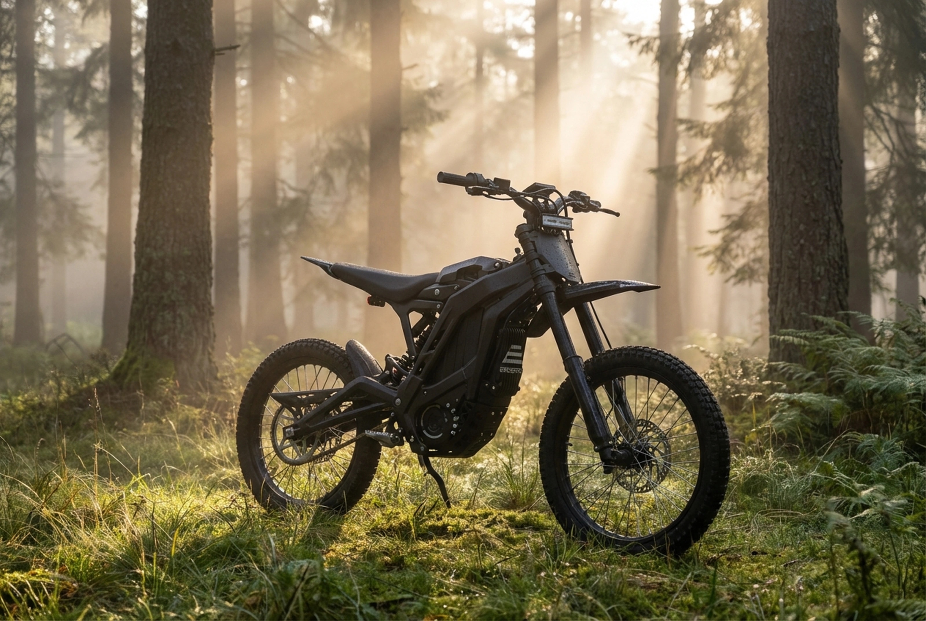 Black electric dirt bike parked in a sunlit forest