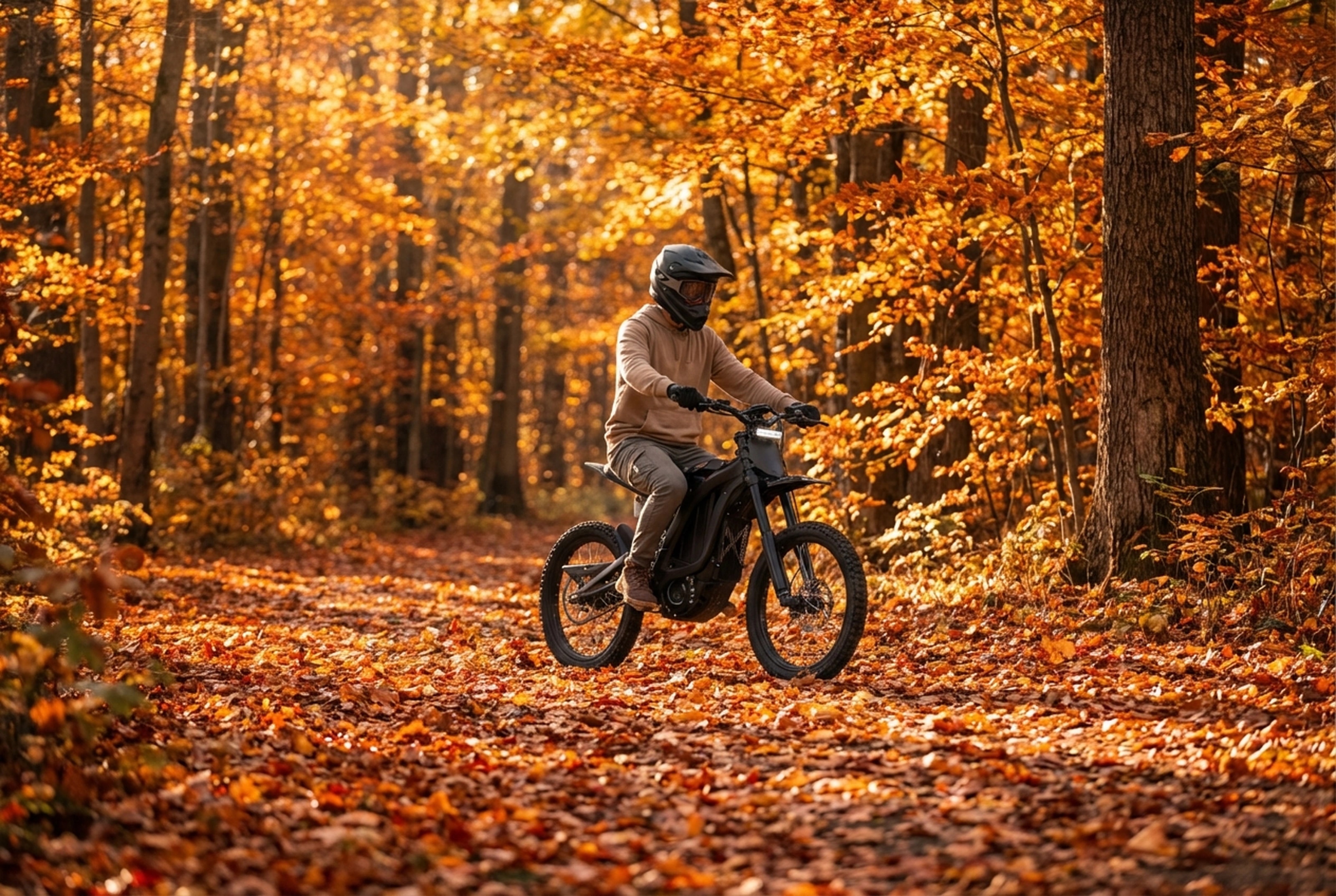 Rider on a black electric dirt bike crossing an autumn forest trail