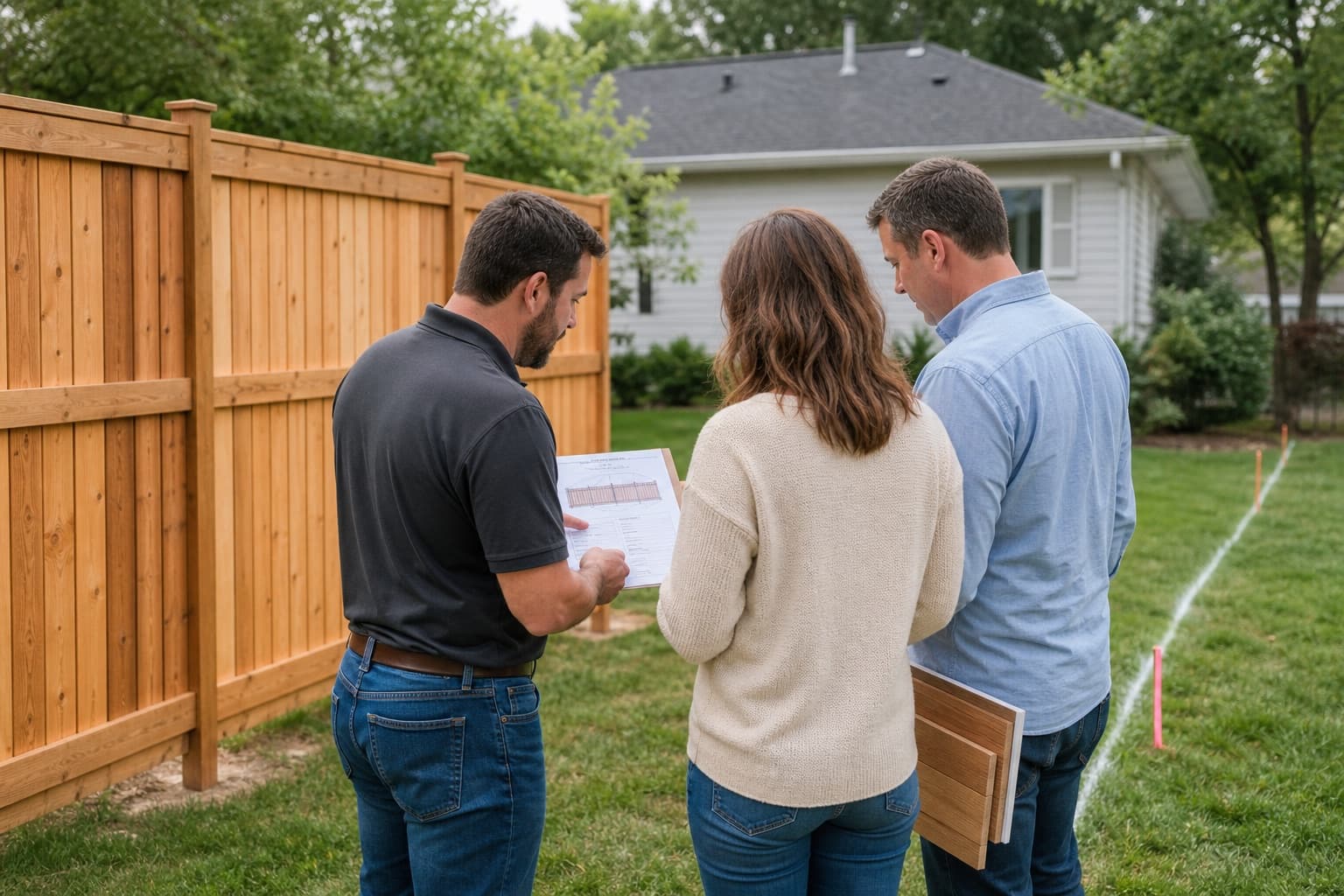 Fence contractor reviewing a cedar fence plan with homeowners