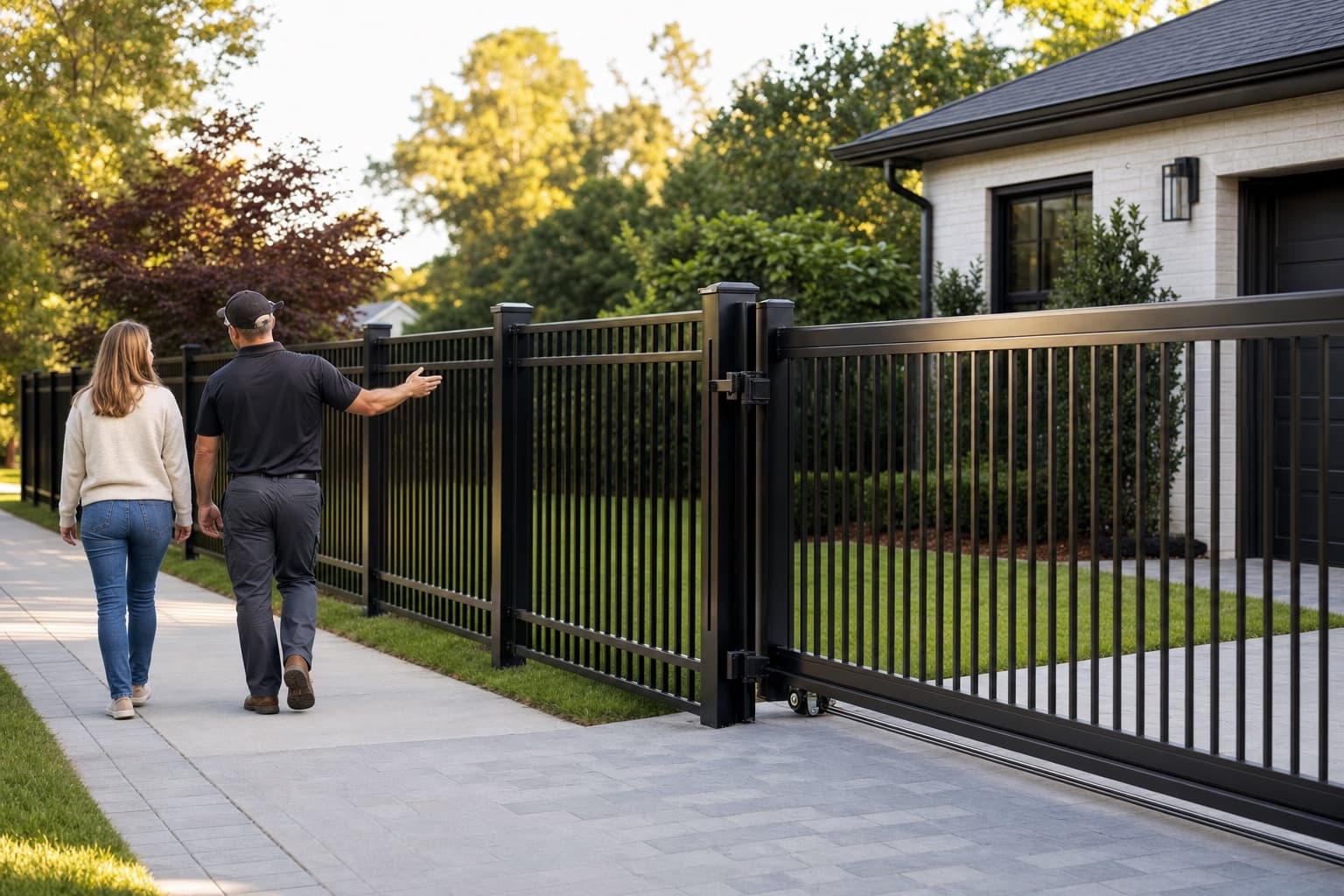 Fence company representative walking with a homeowner beside a completed aluminum fence and driveway gate