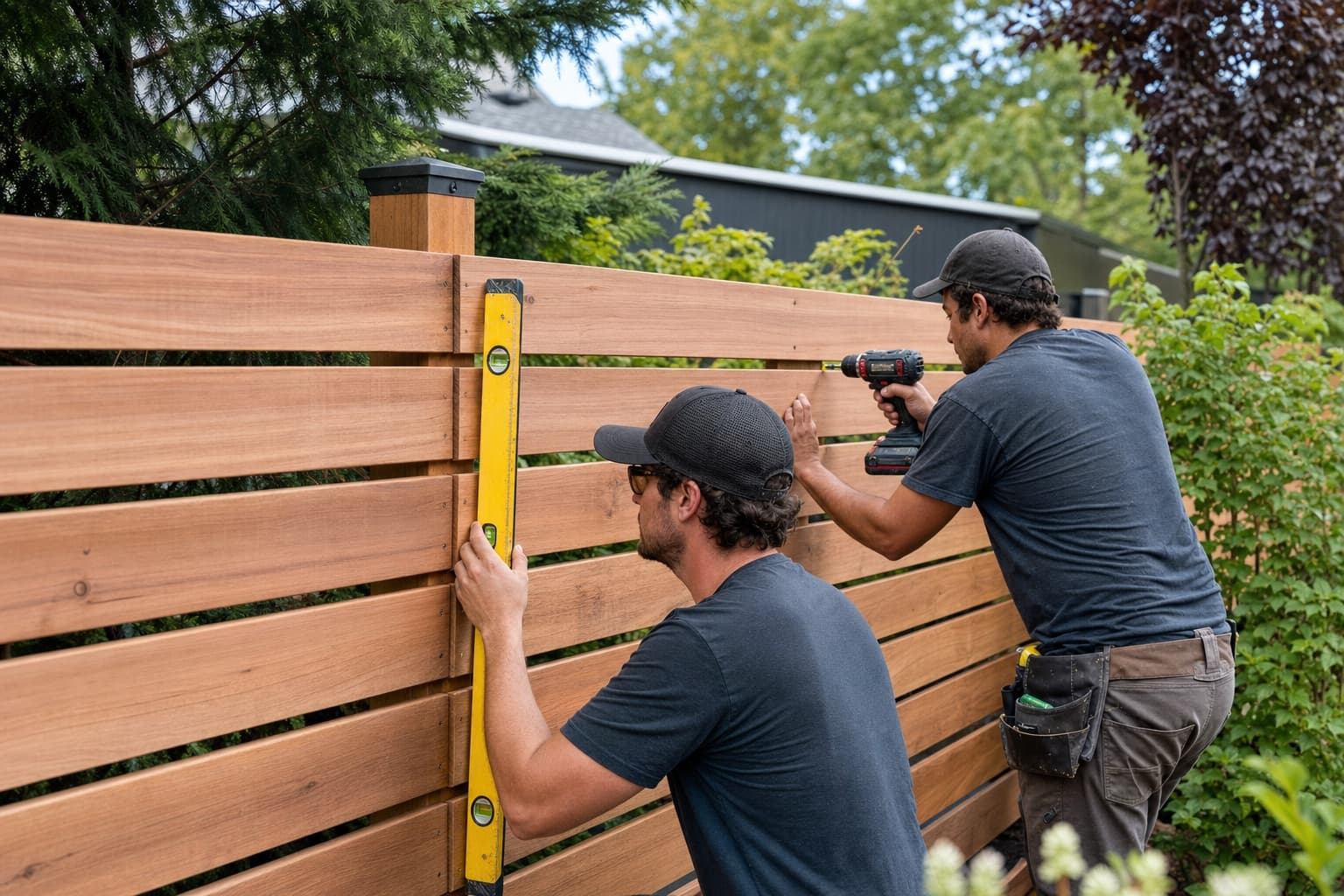 Fence installers aligning and securing horizontal cedar boards in a residential backyard