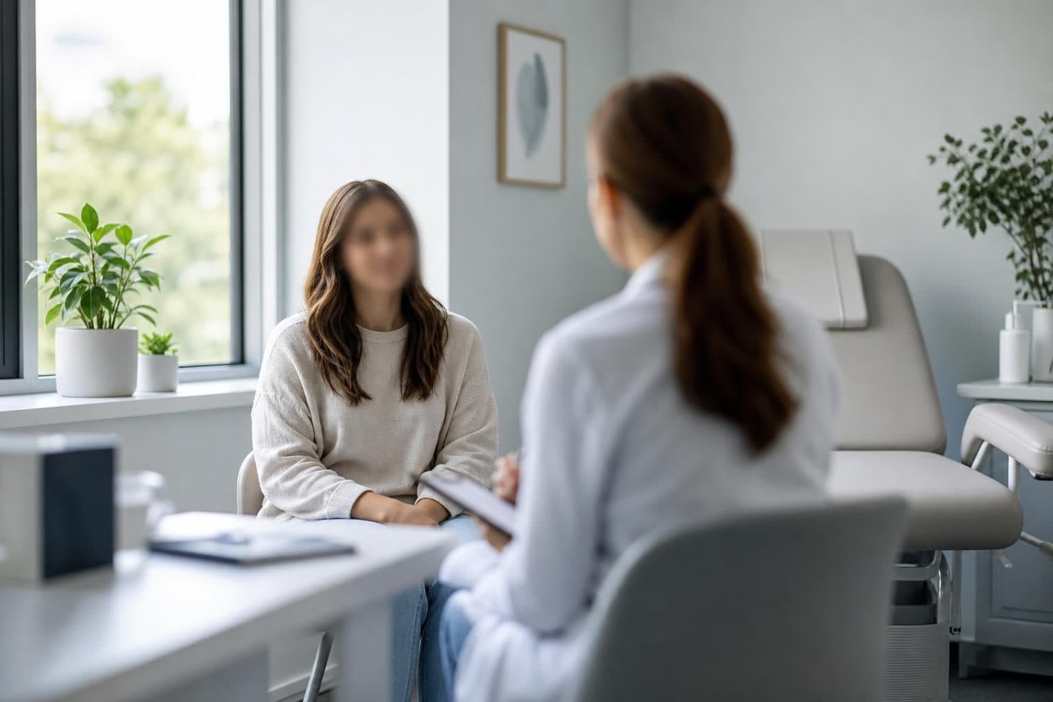 Patient consulting with a provider in a bright clinic exam room