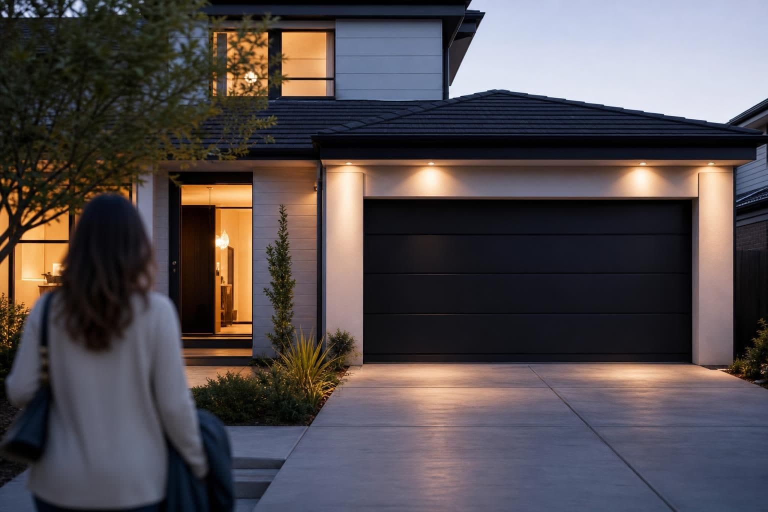 New premium garage door on a home with the owner reviewing options in the driveway