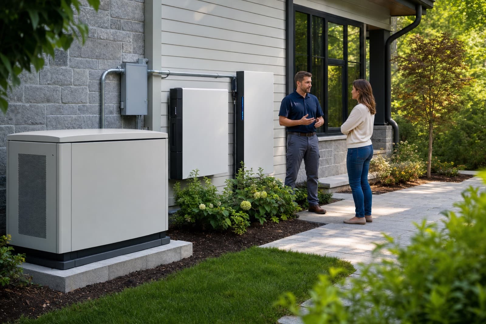 Home energy consultant discussing a whole-home generator and battery system with a homeowner