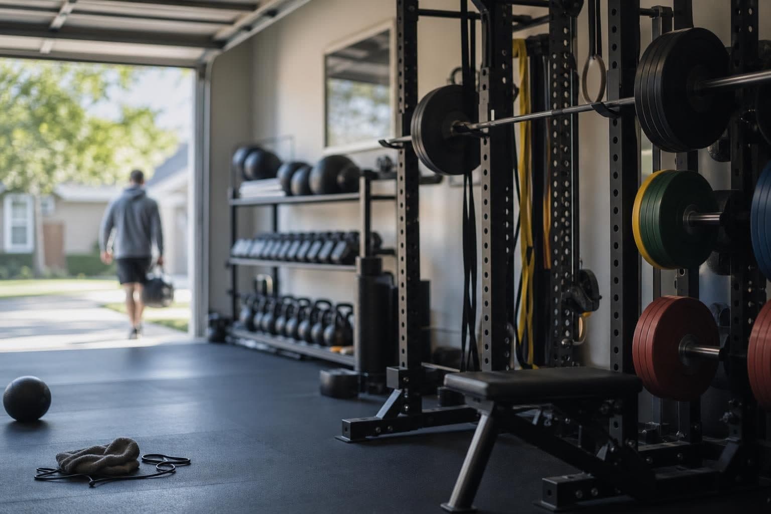 Home gym with a squat rack, barbell, and weight plates in a garage