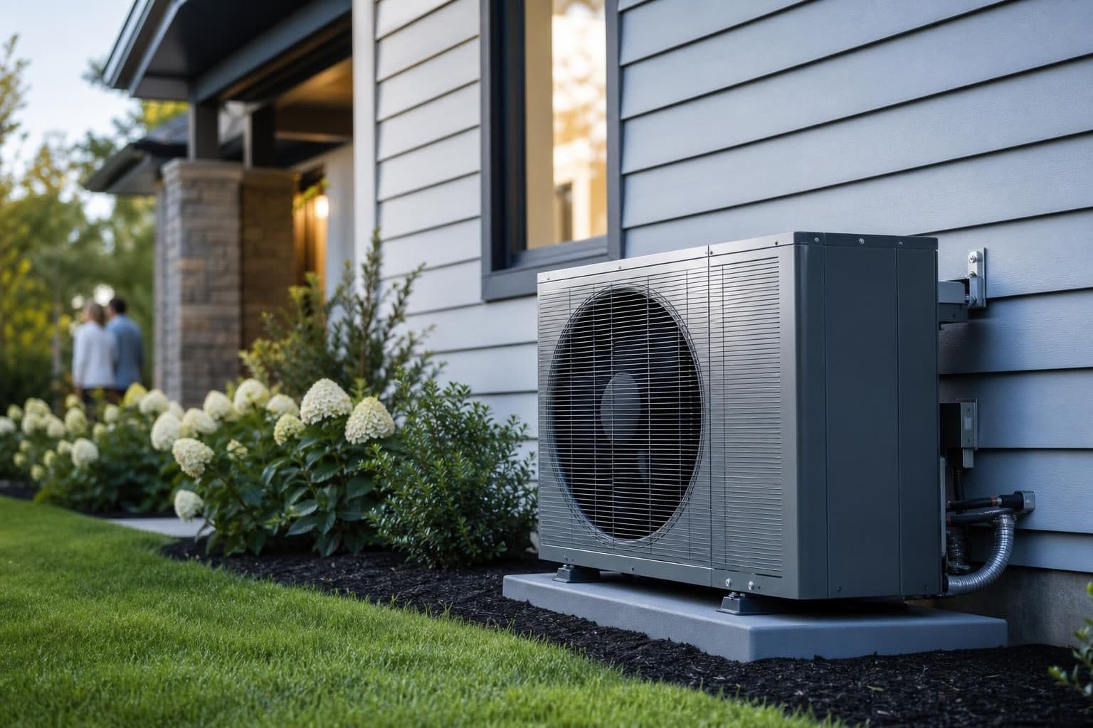 HVAC technician installing a new outdoor air conditioning unit at a home