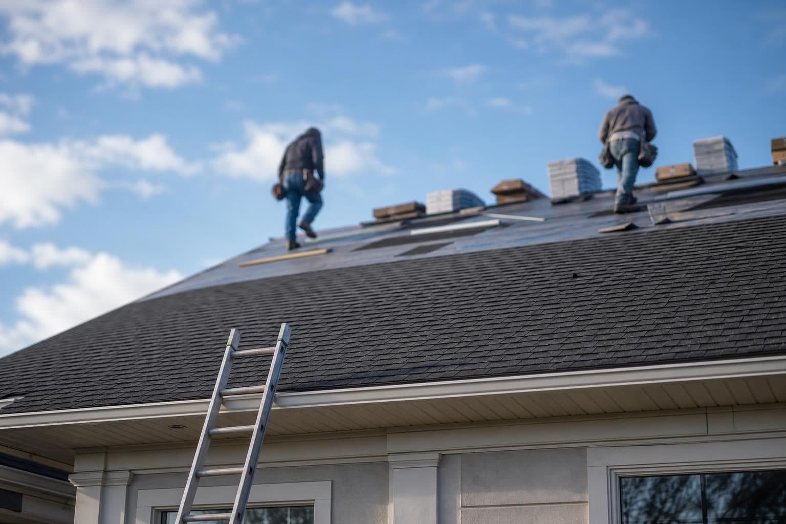 Roofing crew installing new shingles on a suburban home