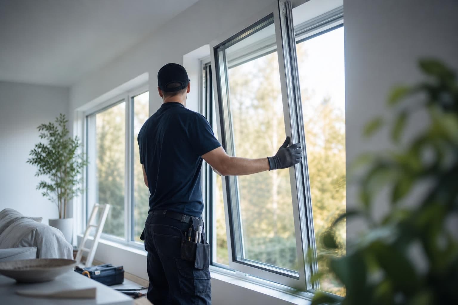 Installer presenting new window options to a homeowner in a bright living room