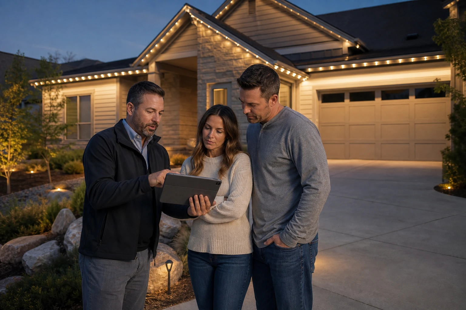 Lighting consultant reviewing a permanent roofline lighting estimate with homeowners outside their home