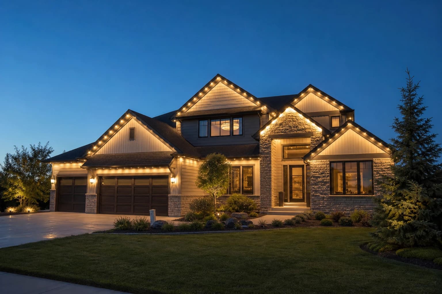 Home illuminated by permanent warm-white roofline lighting